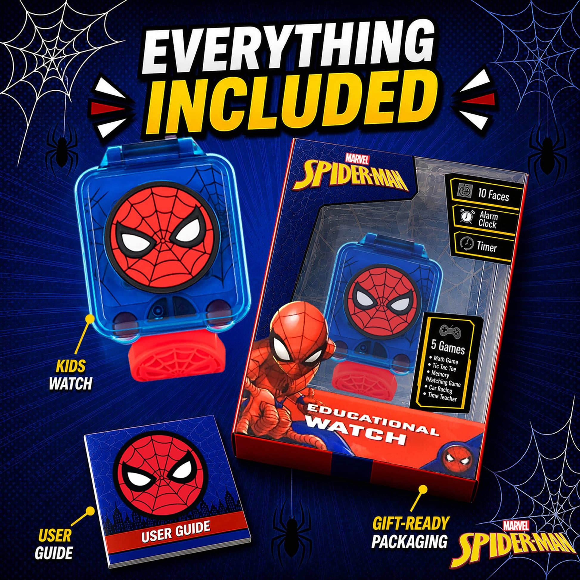 Accutime Spider-Verse learning watch packaging showing the official Marvel licensed branding