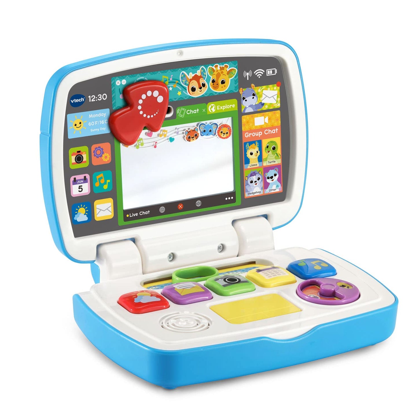 VTech interactive learning computer toy for toddlers showcasing the light up emoji reflection feature.
