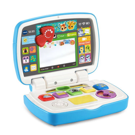 VTech interactive learning computer toy for toddlers showcasing the light up emoji reflection feature.