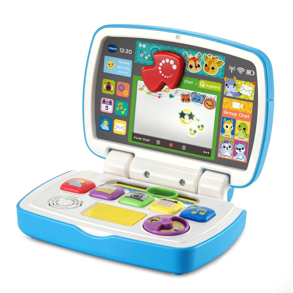 Close up of the animal chat cursor slider on the VTech child laptop toy.