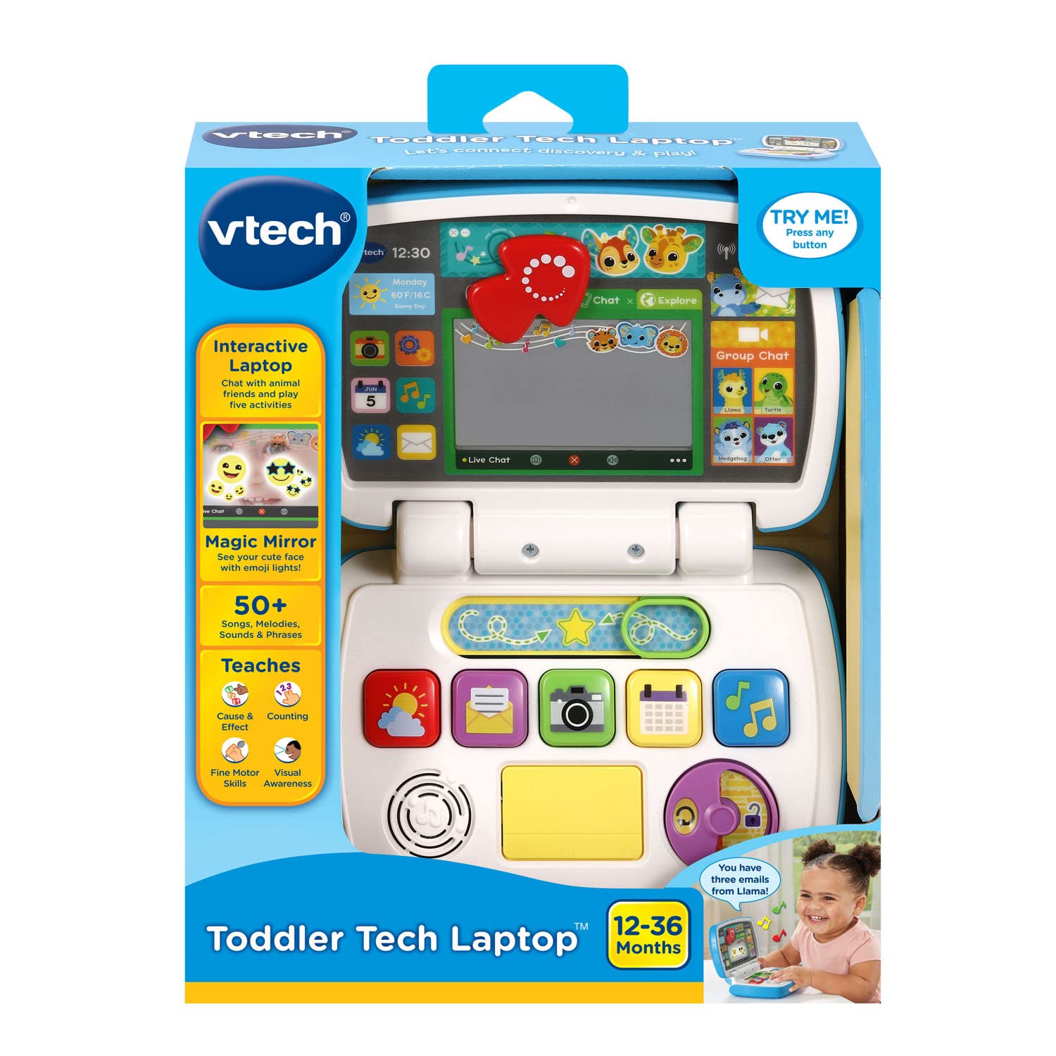 Toddler hands interacting with the five educational application buttons on the electronic toy.