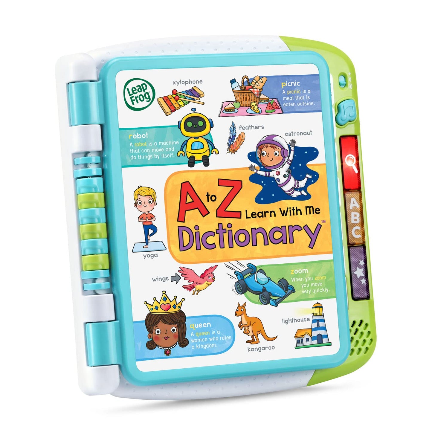 LeapFrog interactive educational dictionary book open showing alphabet letters and illustrations