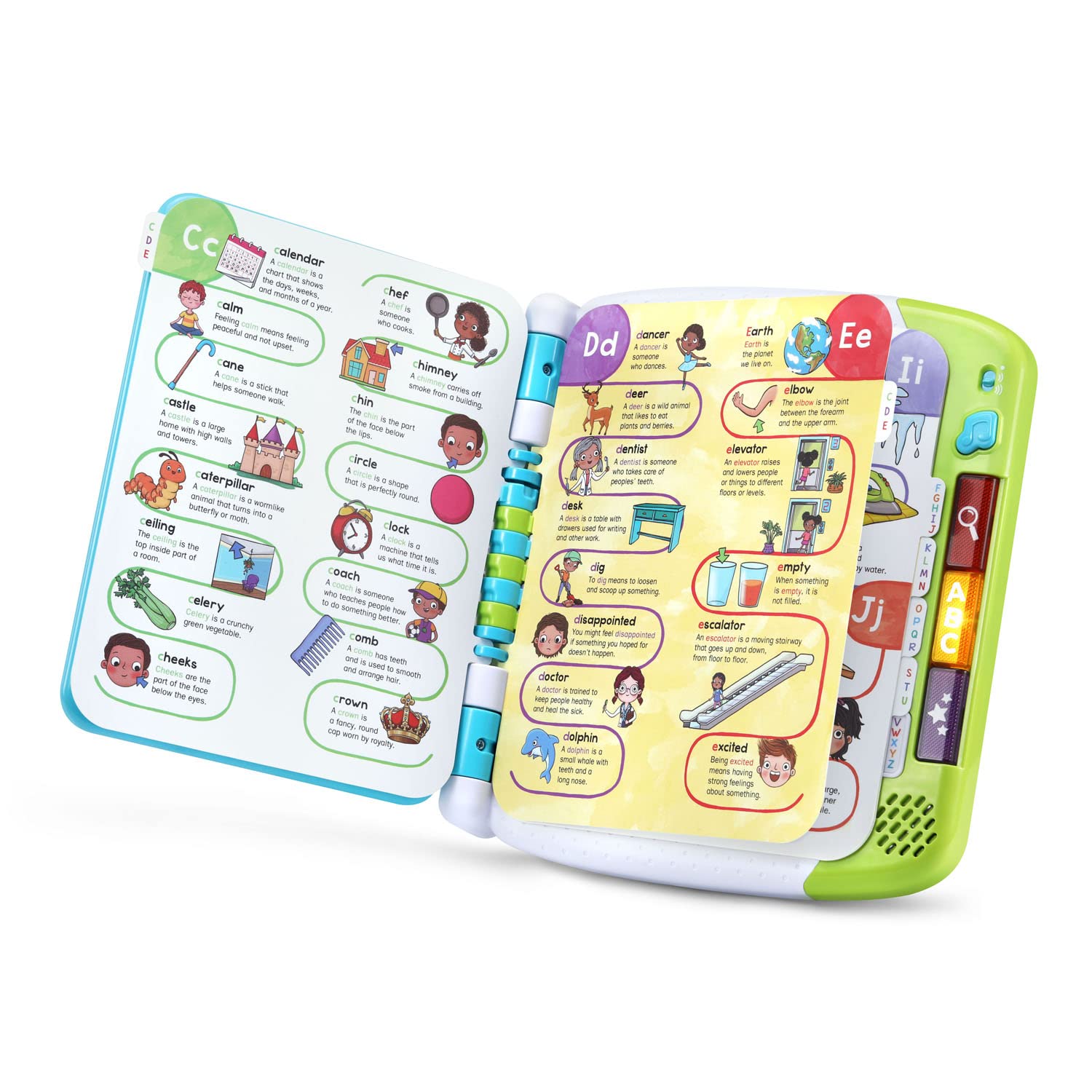 Close up of touch sensitive pages on the LeapFrog learning dictionary for children
