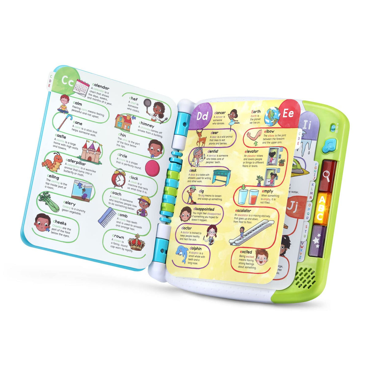 Close up of touch sensitive pages on the LeapFrog learning dictionary for children