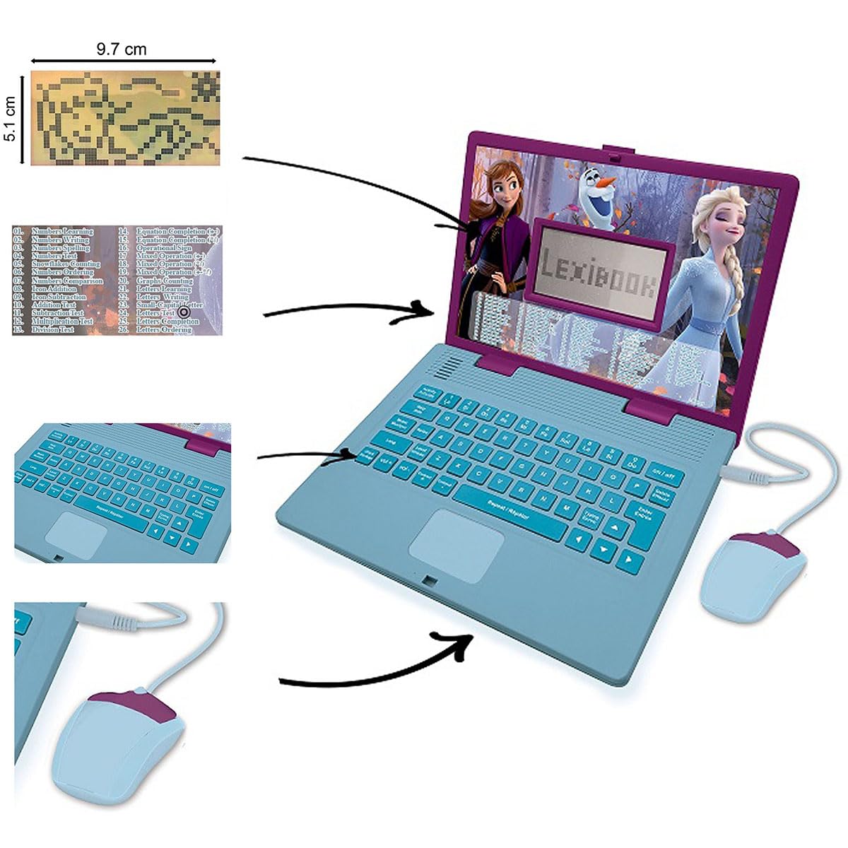 Side profile of the purple and blue Disney Frozen two children laptop showing its slim ergonomic design.