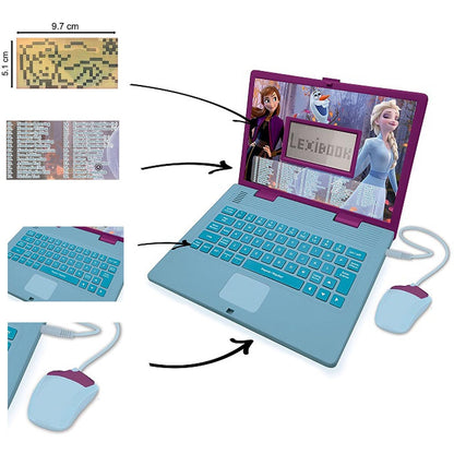 Side profile of the purple and blue Disney Frozen two children laptop showing its slim ergonomic design.
