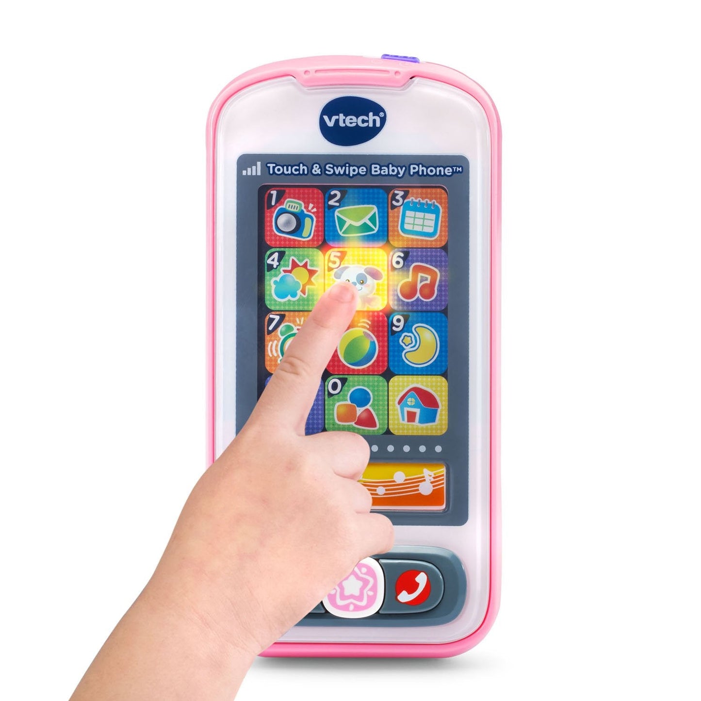 VTech pink smartphone toy showcasing the interactive sliding screen mechanism.