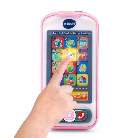VTech pink smartphone toy showcasing the interactive sliding screen mechanism.
