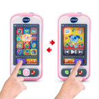 Authentic USA imported VTech baby phone in pink showing the secure battery compartment.