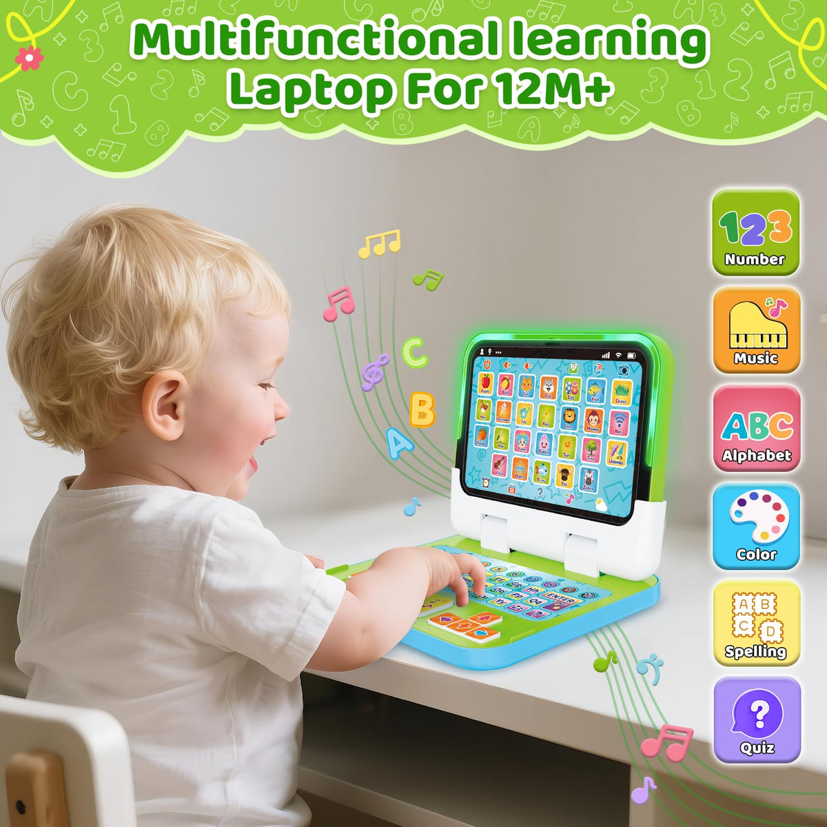 Interactive toddler educational toy displaying illuminated LCD screen icons and number buttons