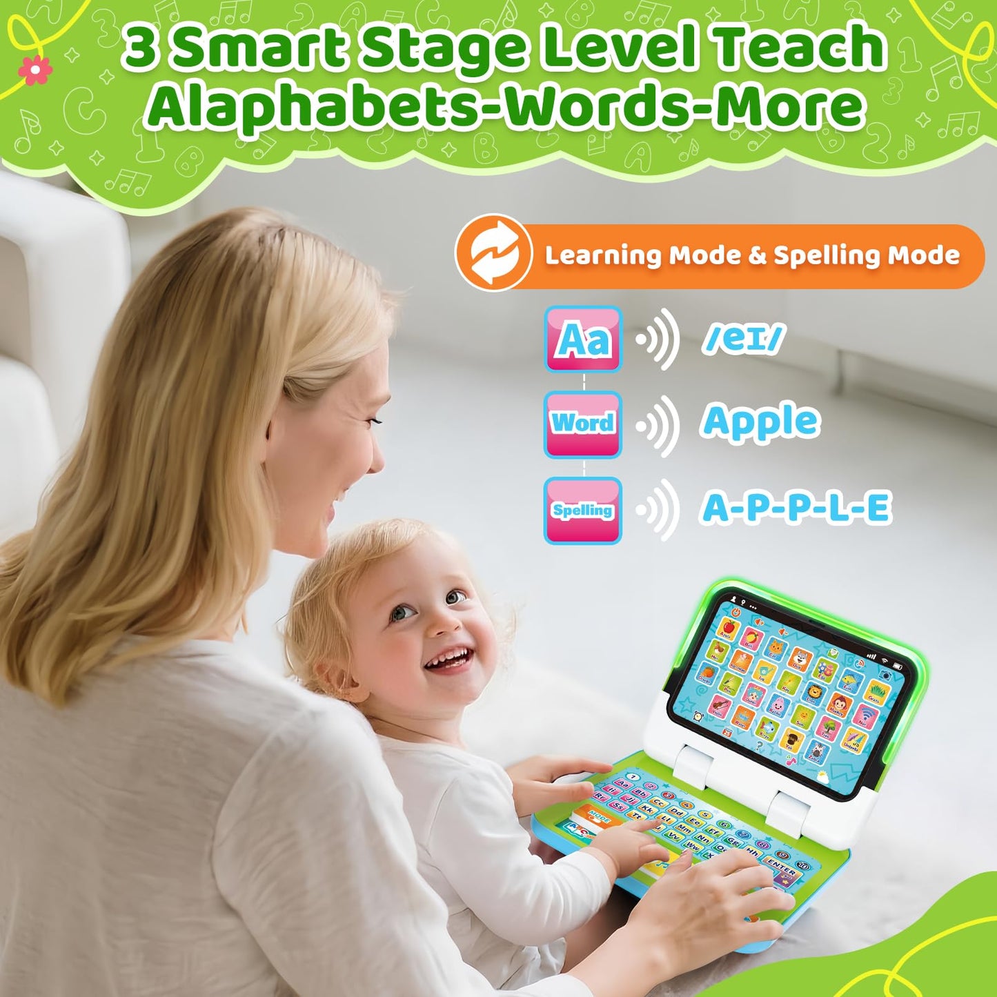 Durable green electronic preschool computer toy shown in separate tablet mode for portable play