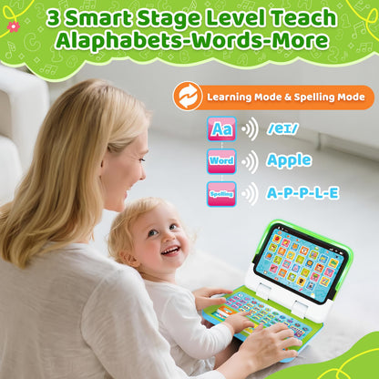Durable green electronic preschool computer toy shown in separate tablet mode for portable play
