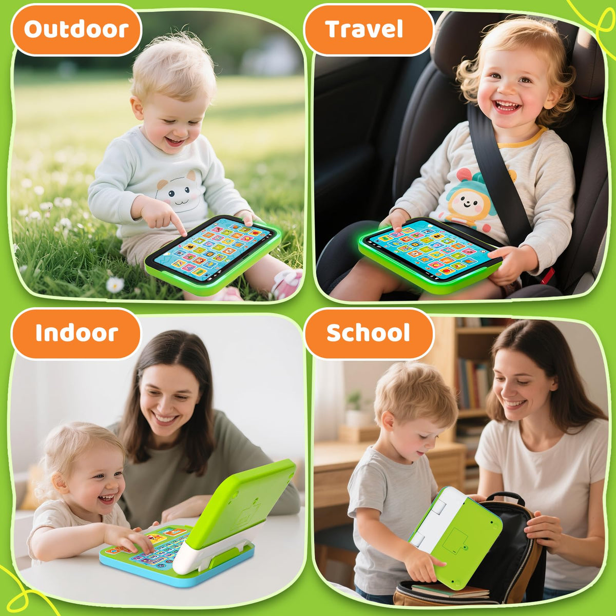 Side angle of sturdy green learning tablet for ages twelve to eighteen months with rounded edges