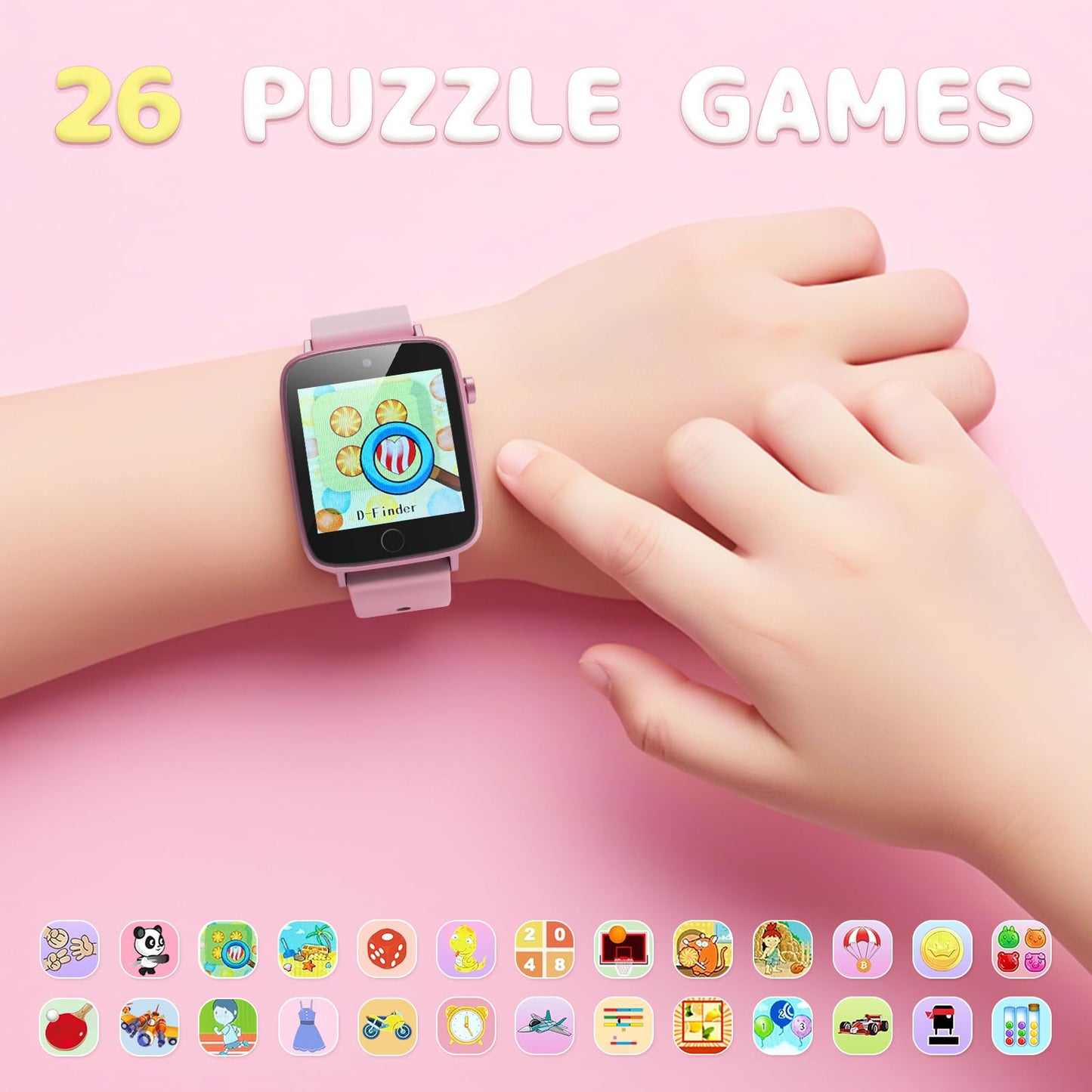 Pink touch screen smartwatch for children illustrating built-in camera lens position
