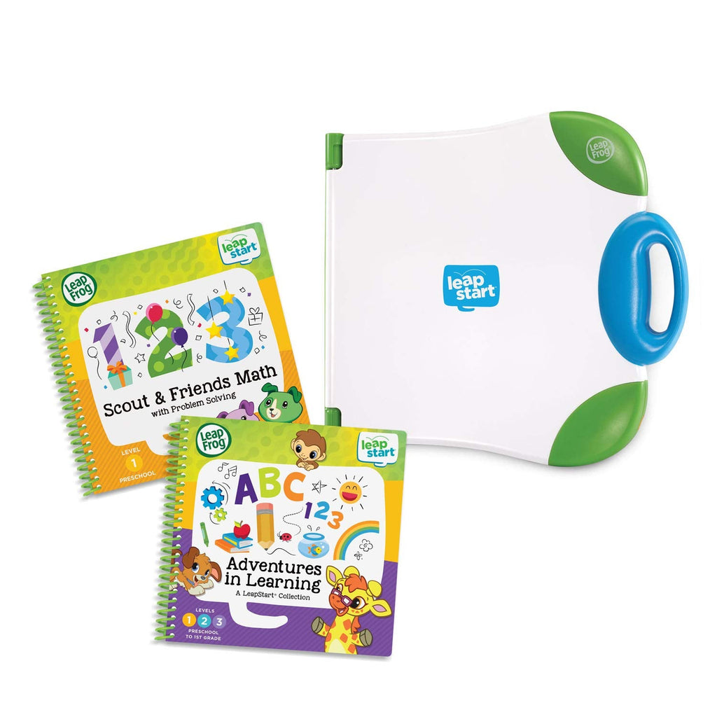 LeapFrog LeapStart educational toy opened with stylus touching the interactive activity book pages