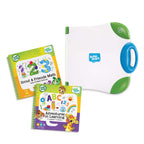 LeapFrog LeapStart educational toy opened with stylus touching the interactive activity book pages
