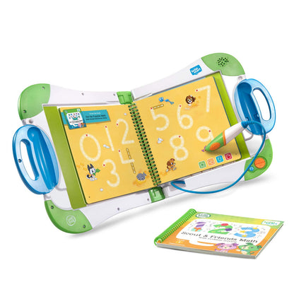 LeapFrog LeapStart Scout and Friends math with problem solving book inside the green electronic device