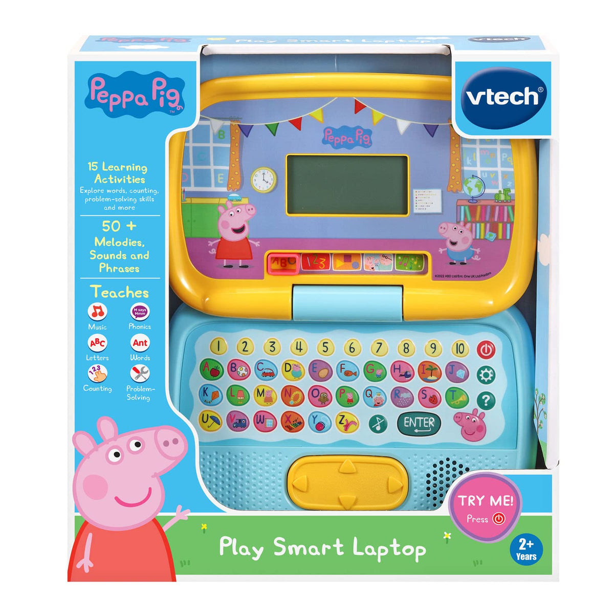 VTech preschool interactive laptop packaging showing included features and early learning categories.