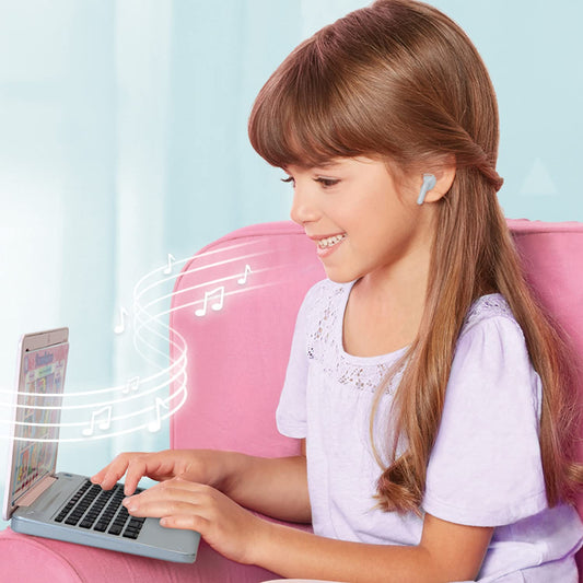 Disney Princess pretend toy laptop with interchangeable screens and play earbuds displayed.