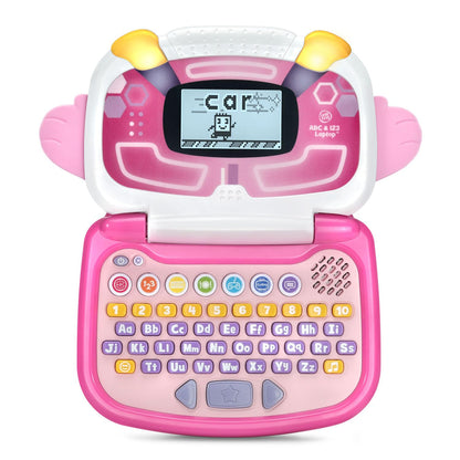 Side view of pink LeapFrog kids laptop showing moving hands and durable plastic construction