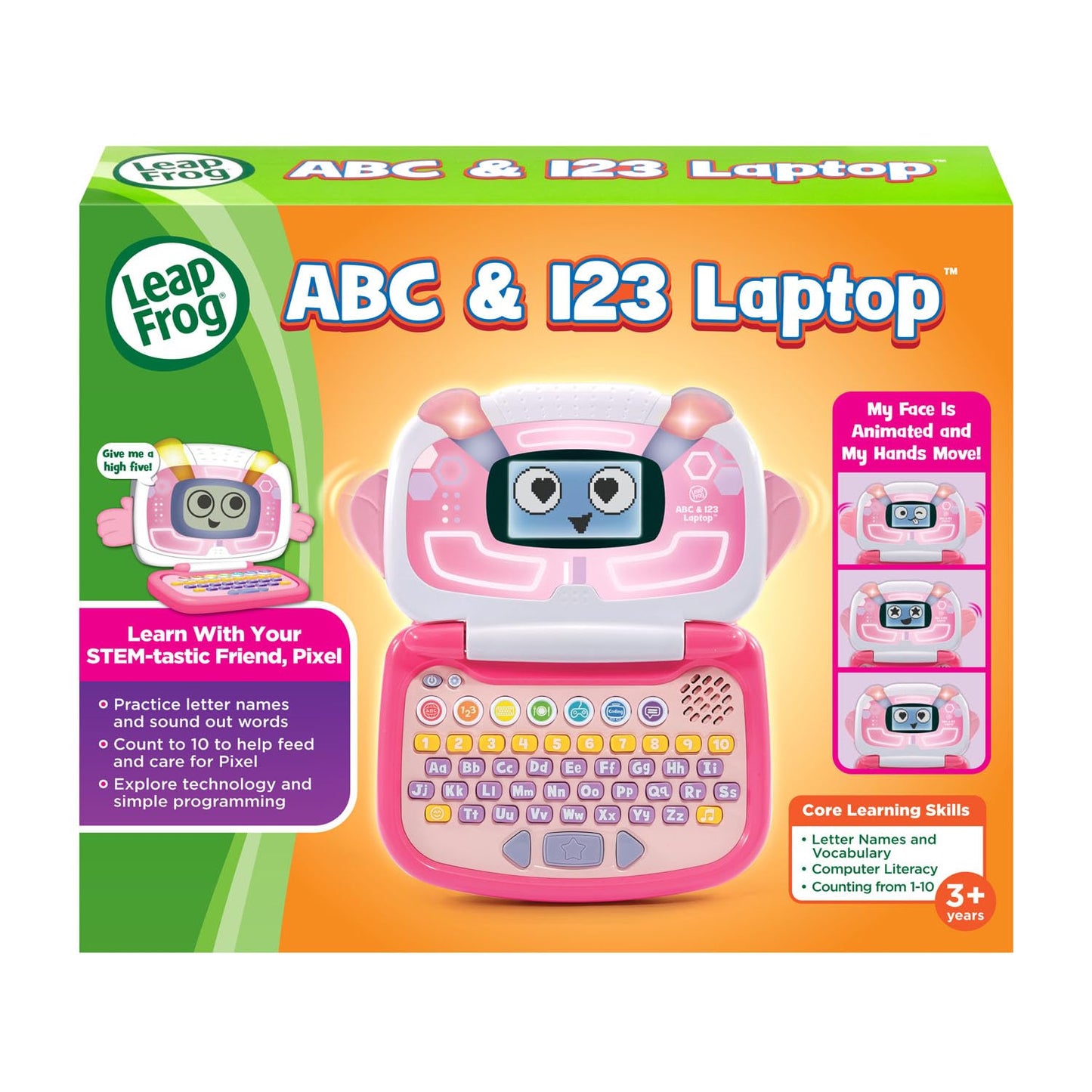 LeapFrog early learning laptop packaging detailing the 11 integrated preschool activities