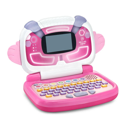 Young child interacting with the pink LeapFrog ABC and 123 laptop toy