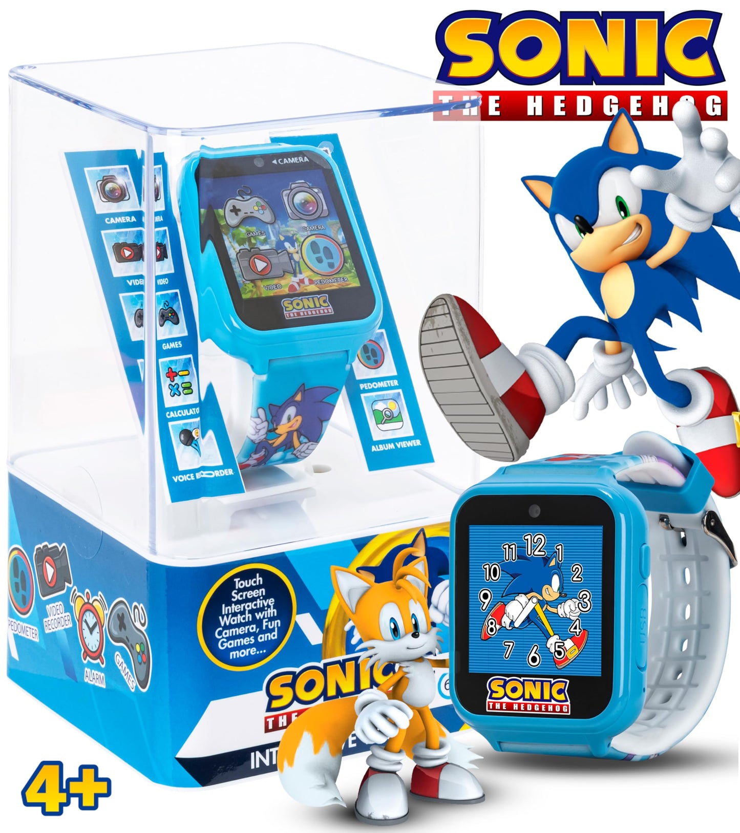 Accutime SEGA Sonic learning watch featuring the integrated selfie camera lens and modern rectangular screen interface