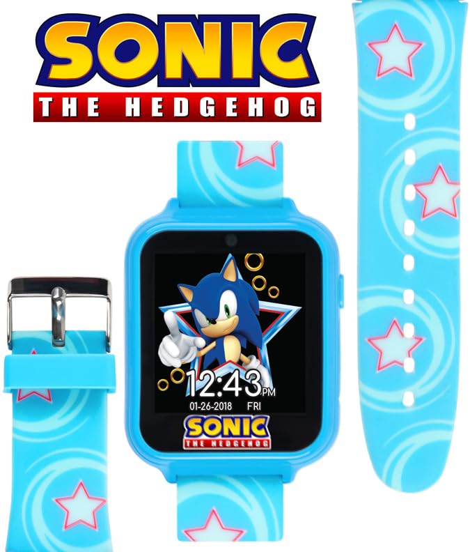 Accutime kids interactive offline smartwatch showcasing the customizable Sonic the Hedgehog digital watch face menu
