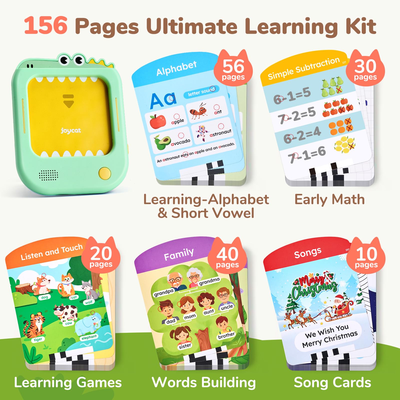JoyCat talking flash cards being inserted into the green interactive learning pad