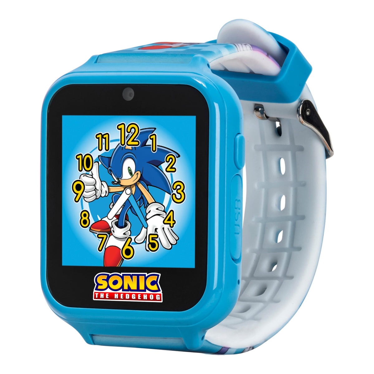 Accutime Sonic blue children smart watch showcasing the side view profile and the micro-USB battery charging port
