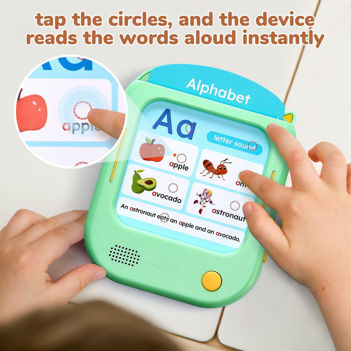 JoyCat preschool learning toy showing phonics and short vowel cards