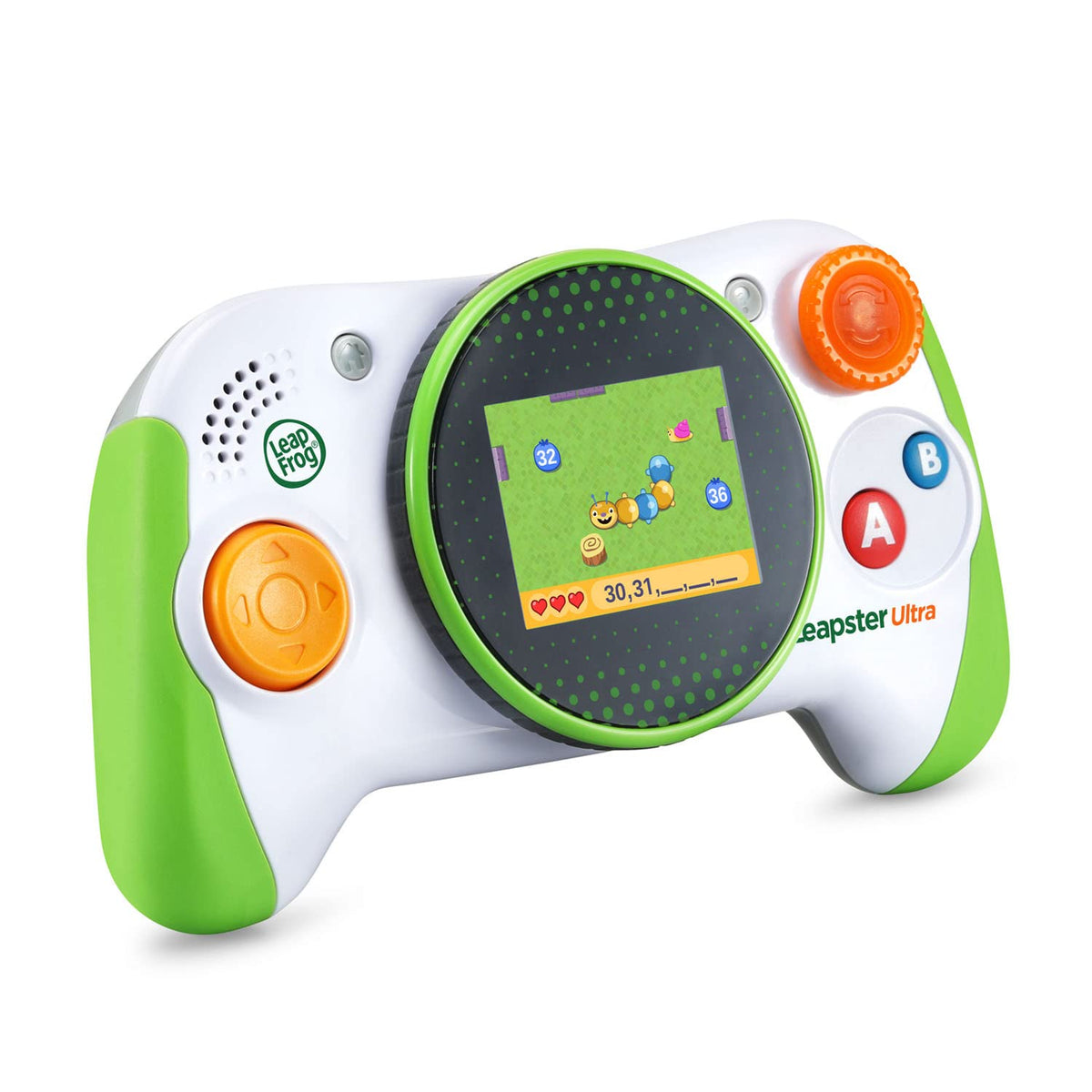 Close up view of the mechanical bonus spinner and directional control pad on the handheld learning system.