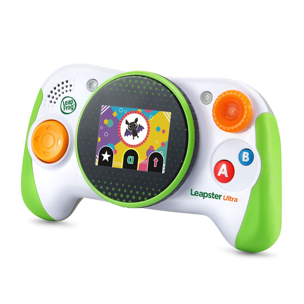 Rear view of the durable green child friendly learning console showing the secure battery compartment slot.