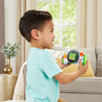 LeapFrog console instructional graphic showing preschool characters Gertie and Nom Nom on the display screen.