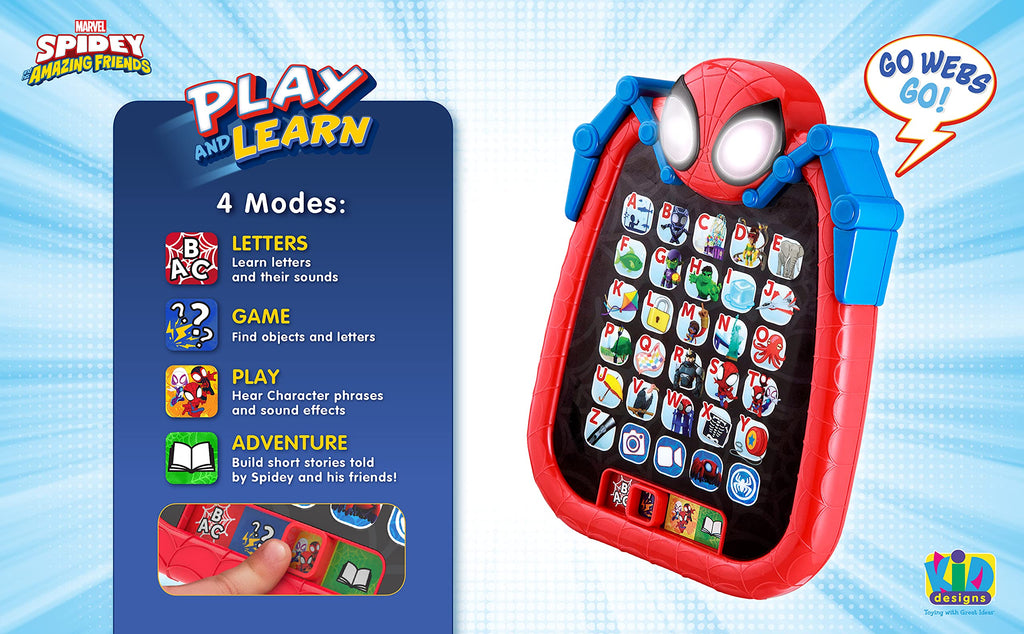 Authentic eKids Spider-man toddler toy tablet highlighting the four interactive learning modes