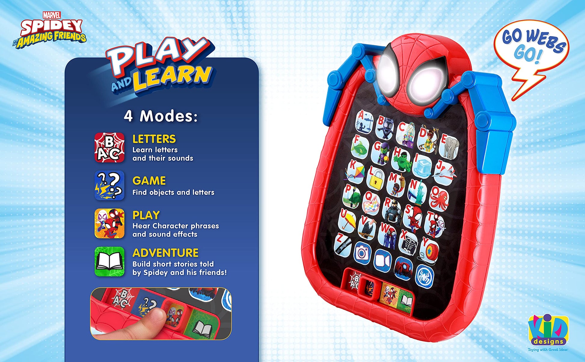 Authentic eKids Spider-man toddler toy tablet highlighting the four interactive learning modes