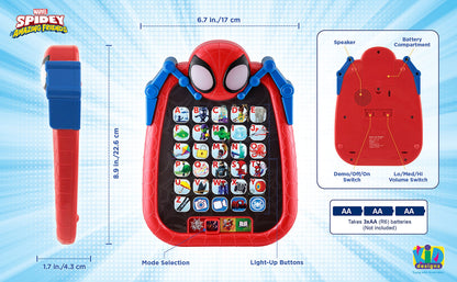 Durable blue and red eKids Spidey alphabet learning tablet designed for travel and toddlers