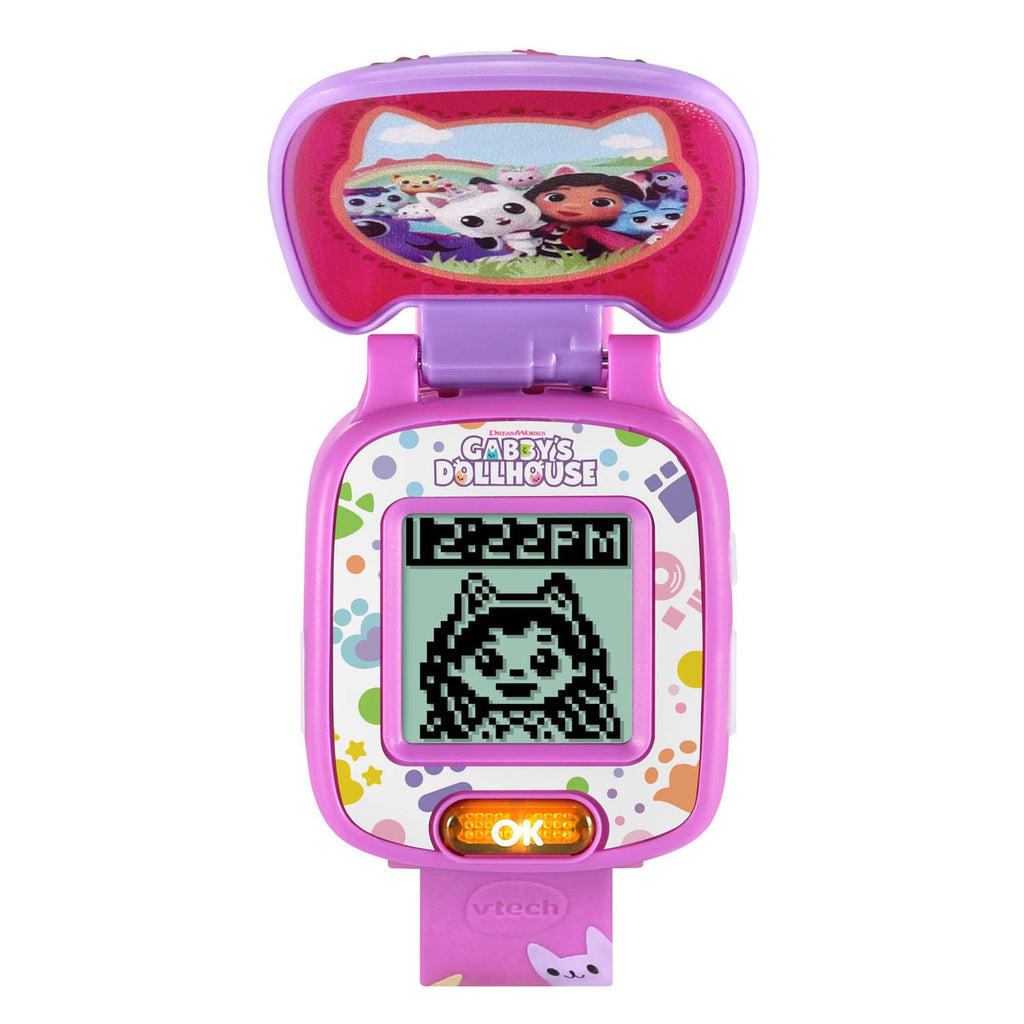 VTech learning watch for children showing the comfortable adjustable pink silicone strap and secure buckle
