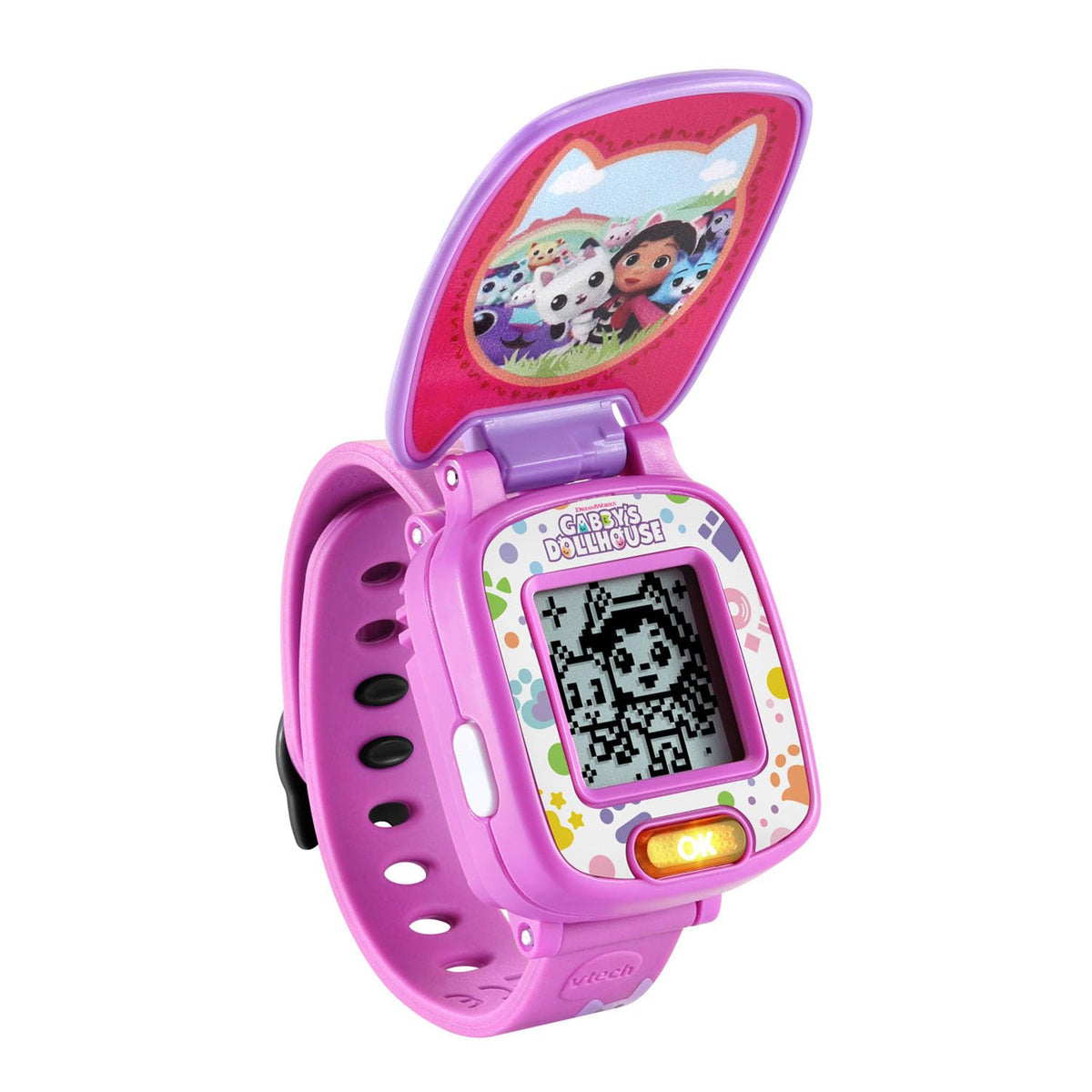 VTech kids smartwatch close up showcasing the digital screen menu with a custom kitty clock face selection