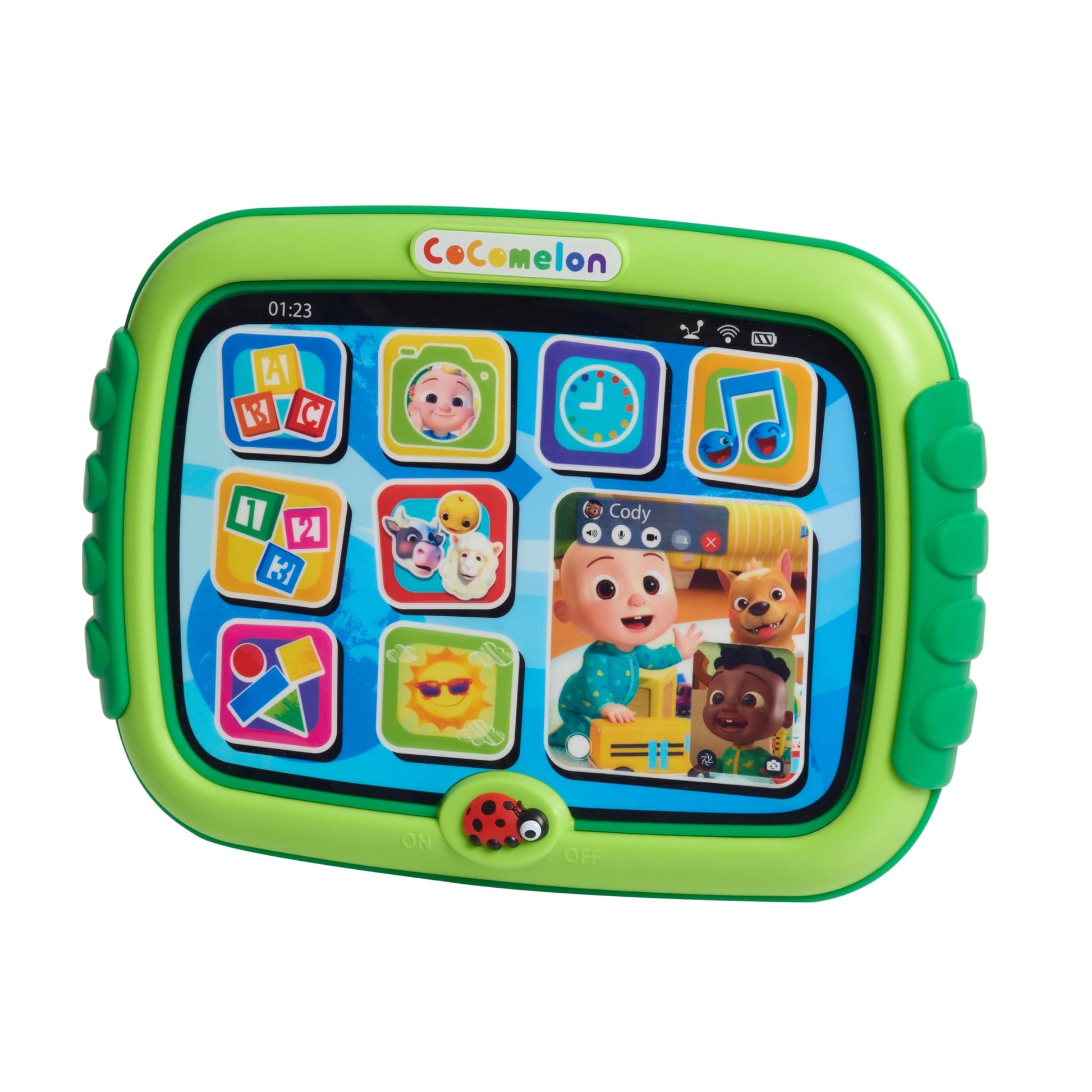 Close up view of the pretend application decal screen on the educational toddler toy.