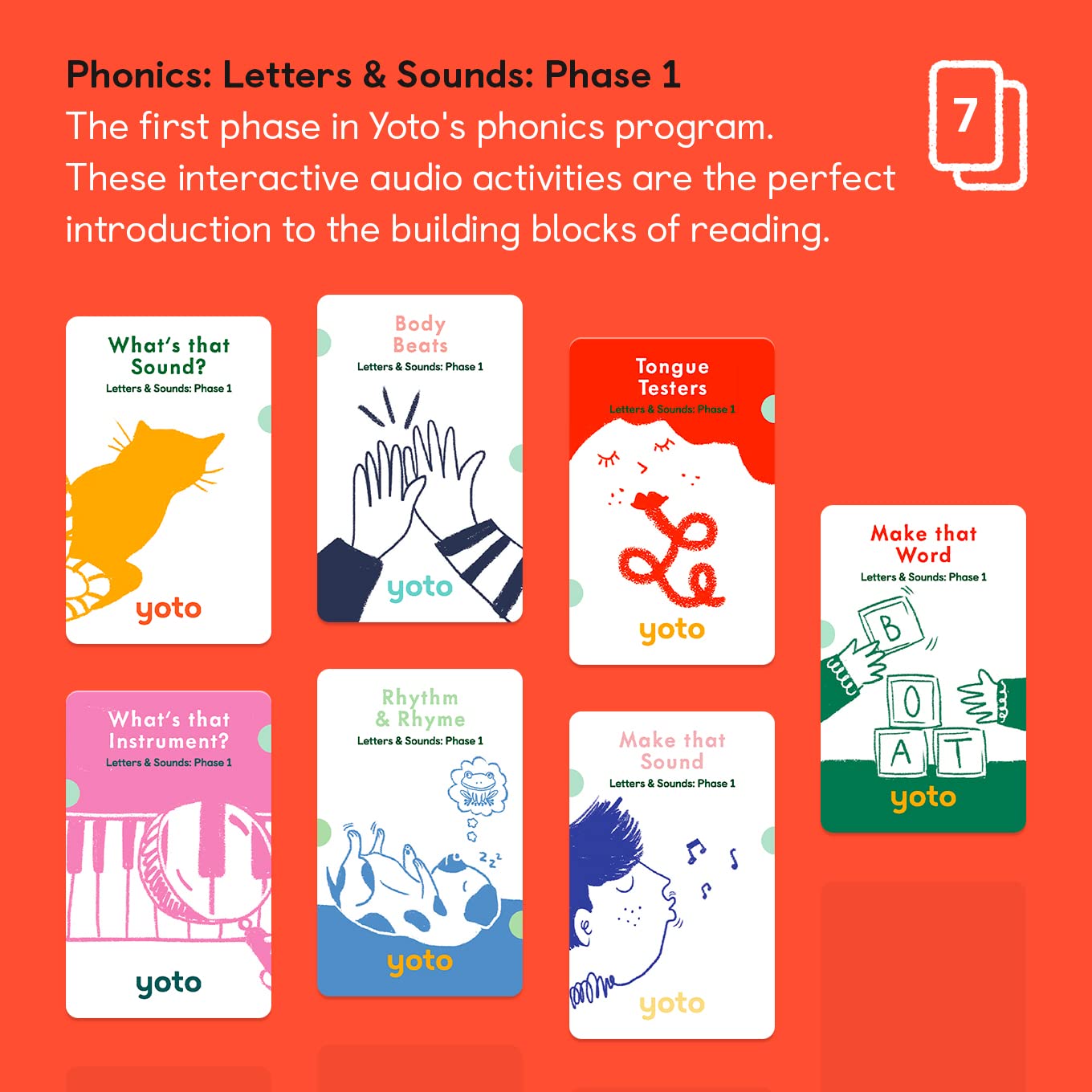 Seven pieces of children educational audio cards arranged neatly together