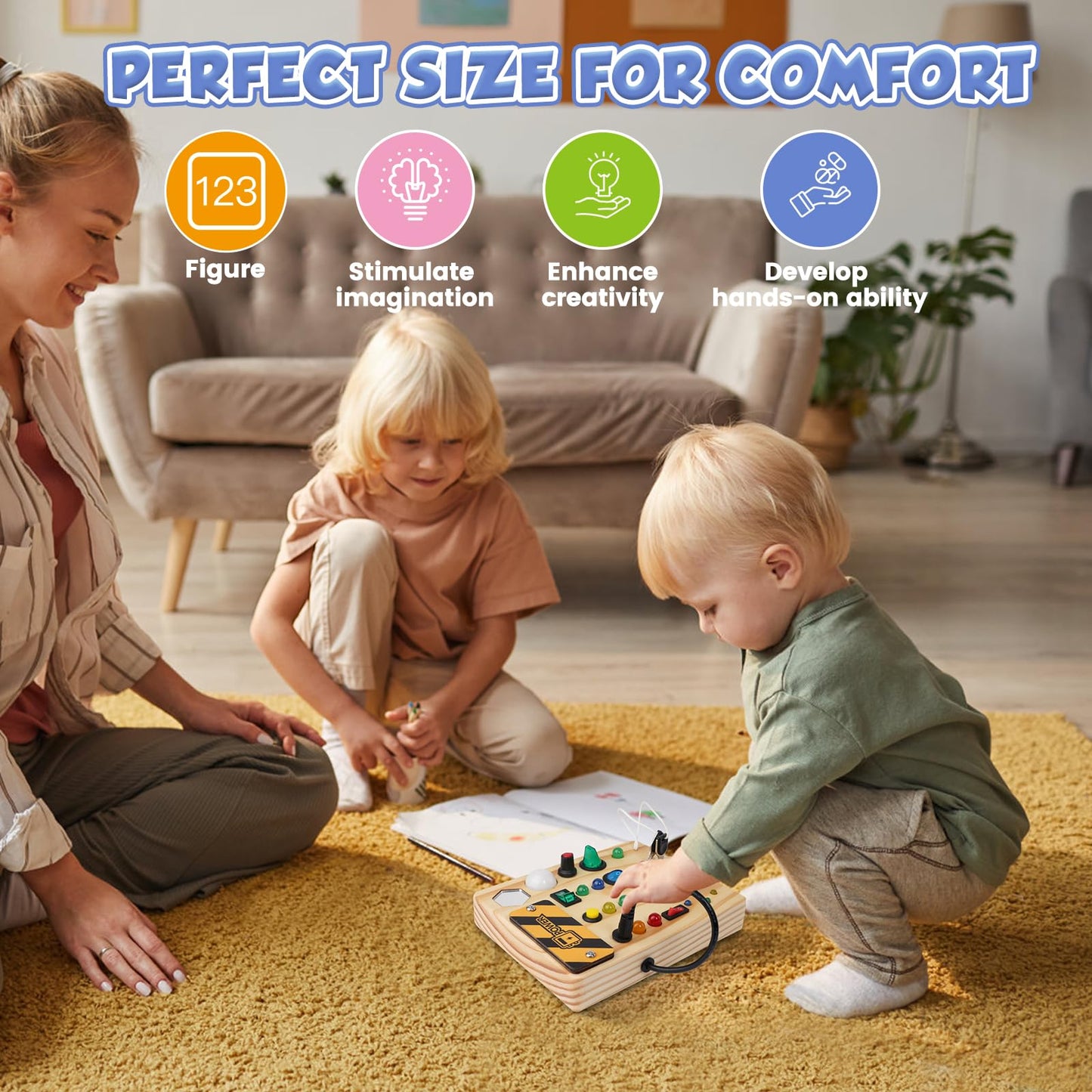 Sabdrau electronic wooden activity board for toddlers showing glowing colorful lights.