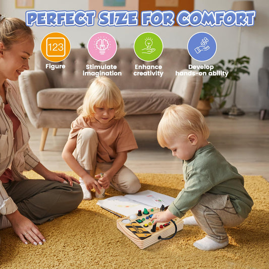 Sabdrau electronic wooden activity board for toddlers showing glowing colorful lights.