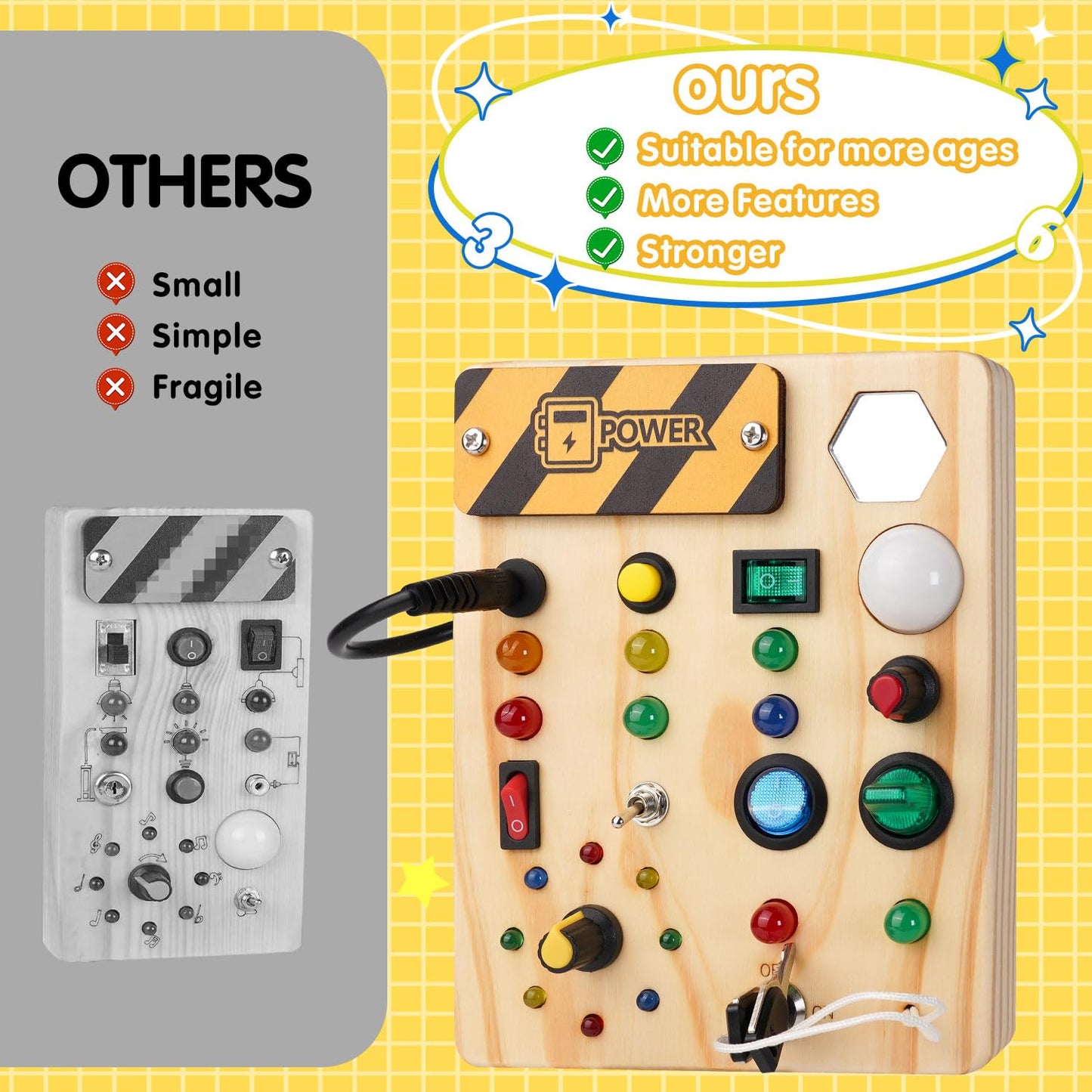 Toddler educational toy with ten distinct toggles and power buttons for motor skill development.
