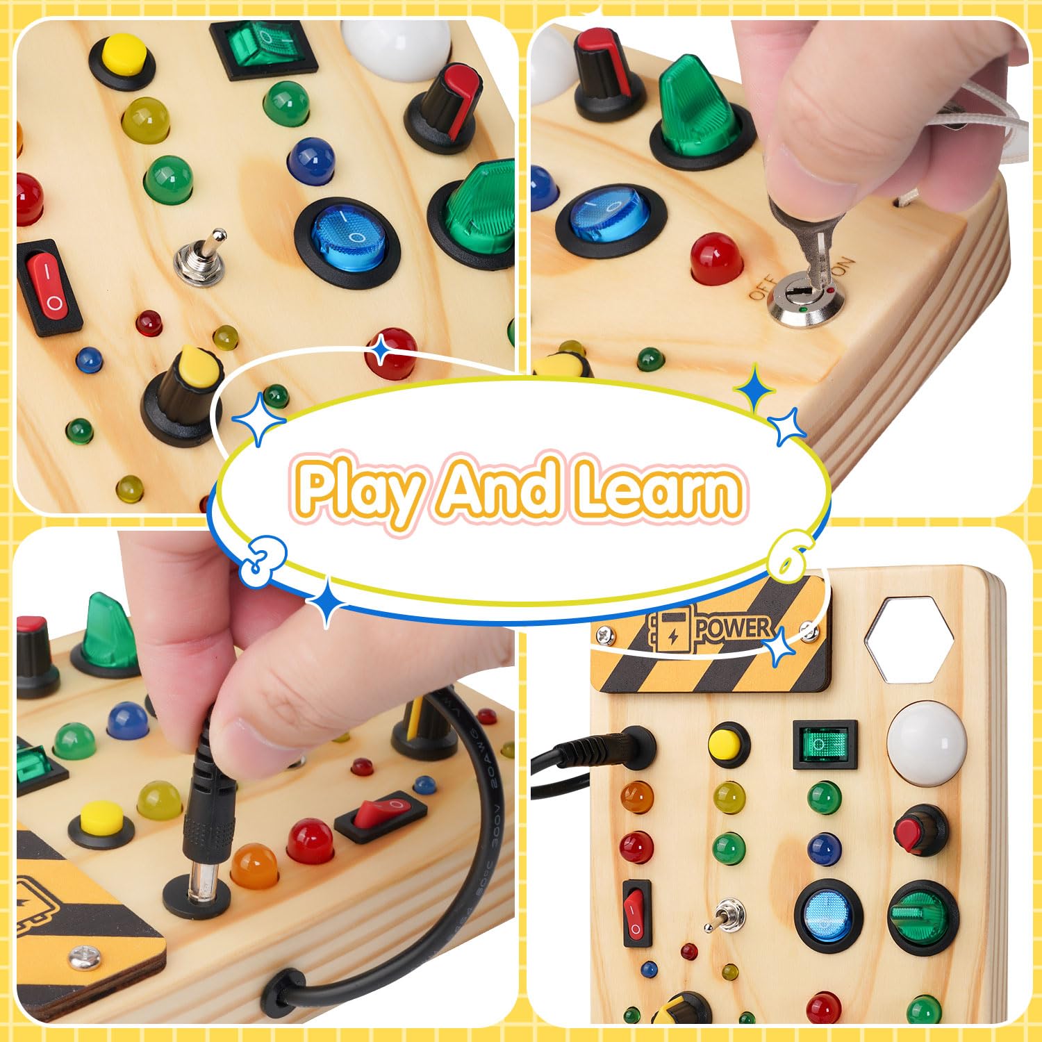 Portable wooden sensory board being used as a quiet travel toy for kids.