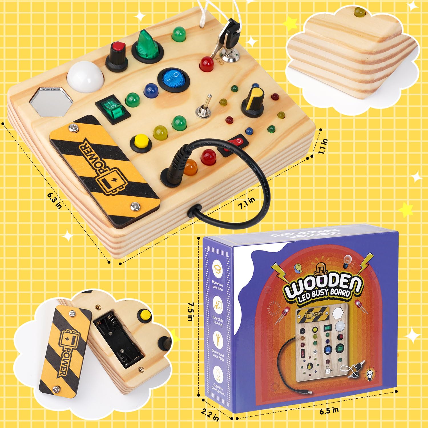 Back panel view of the secure battery compartment on the Sabdrau Montessori toy.