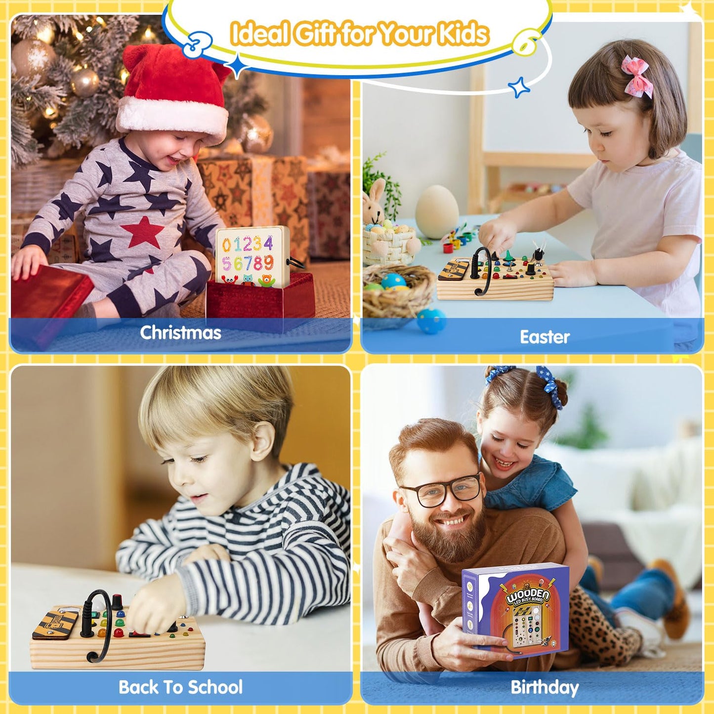 Sabdrau Montessori busy board packaged as an educational gift for young boys and girls.