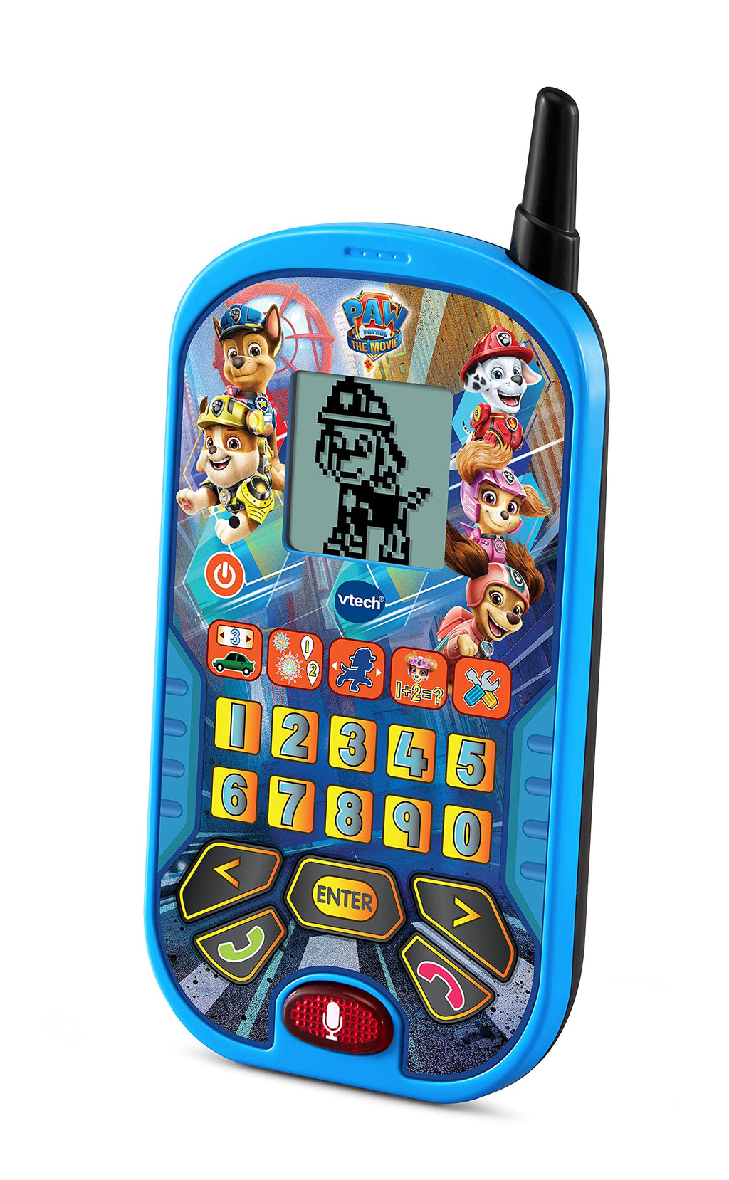 Interactive toddler telephone toy with character voice activation buttons.