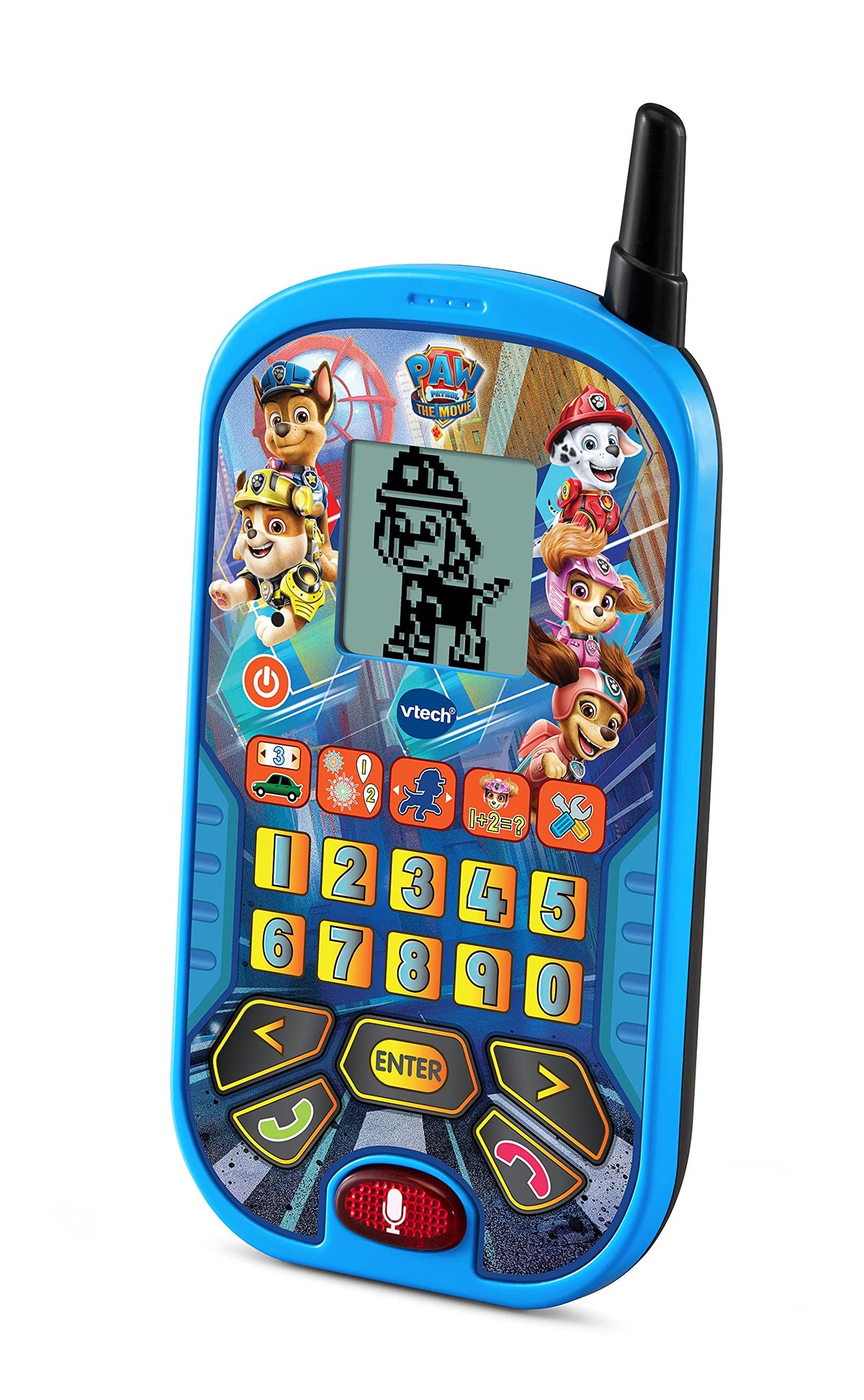 Interactive toddler telephone toy with character voice activation buttons.