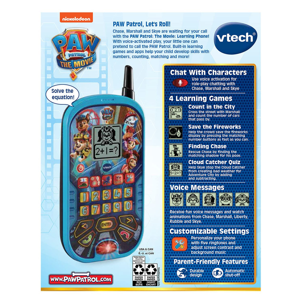 USA imported Vtech toddler smart phone packaging back view with specifications.